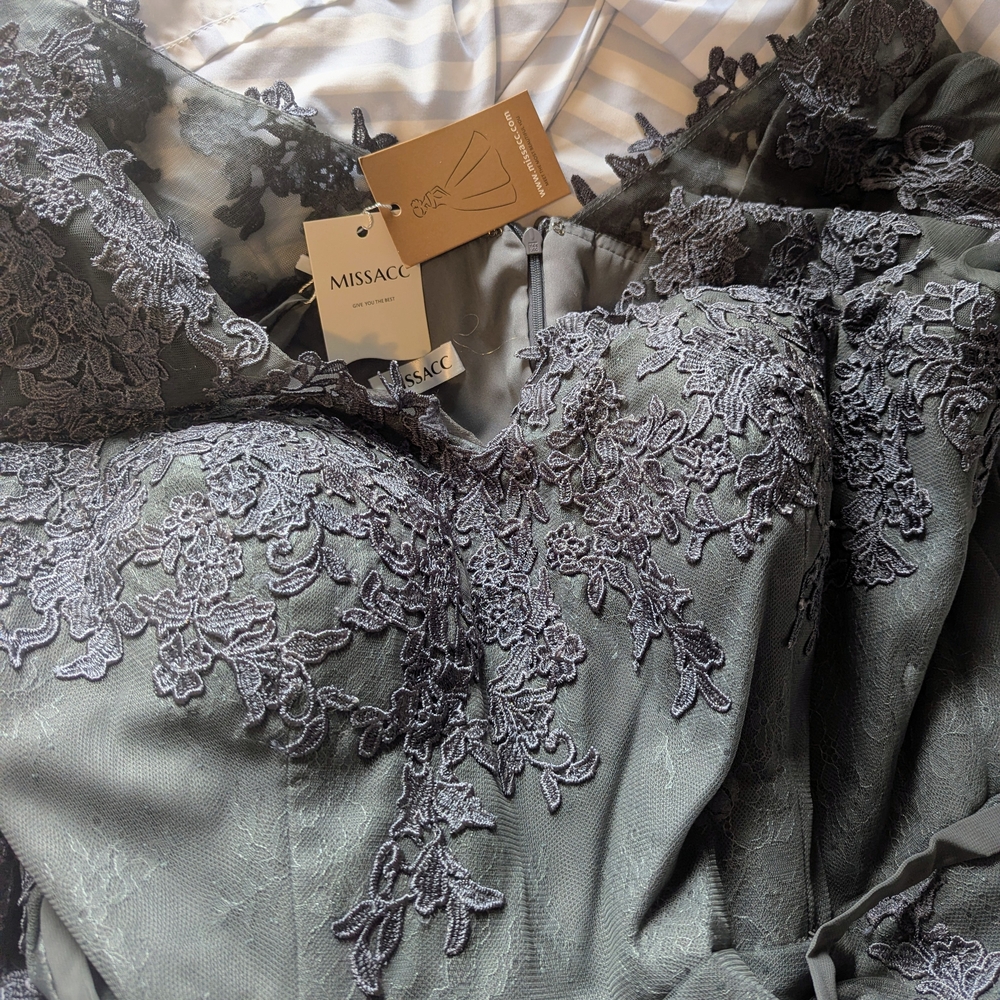 MissAcco Charcoal Lace Mermaid Gown with Sheer Bell Sleeves - Picture 4 of 5
